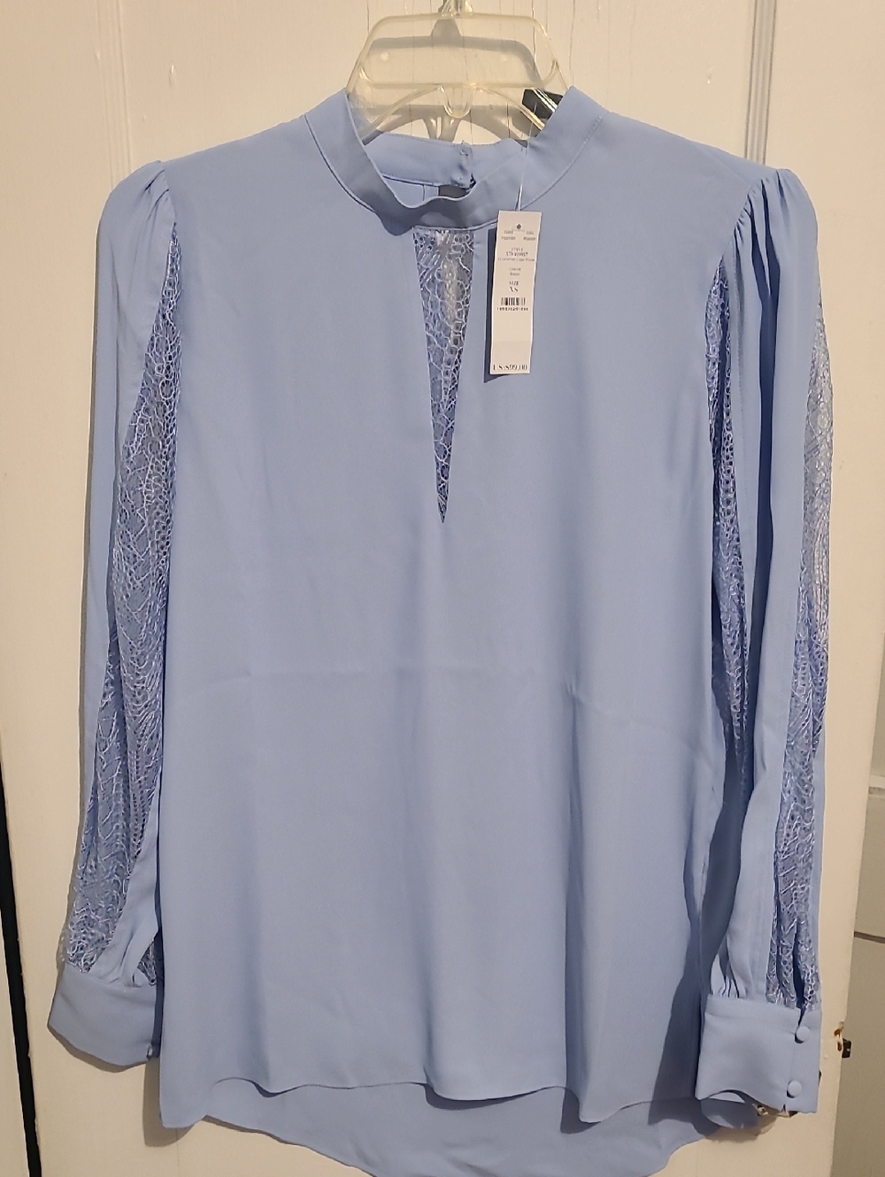 White House Black Market Light Blue Lace-Trim Long Sleeve Blouse